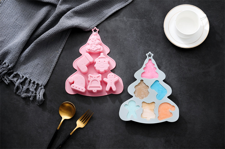 Christmas Tree Shape Silicone Cake Mold In 6 Cavity Christmas Tree Snowman Bell Sock Shape Silicone Molds
